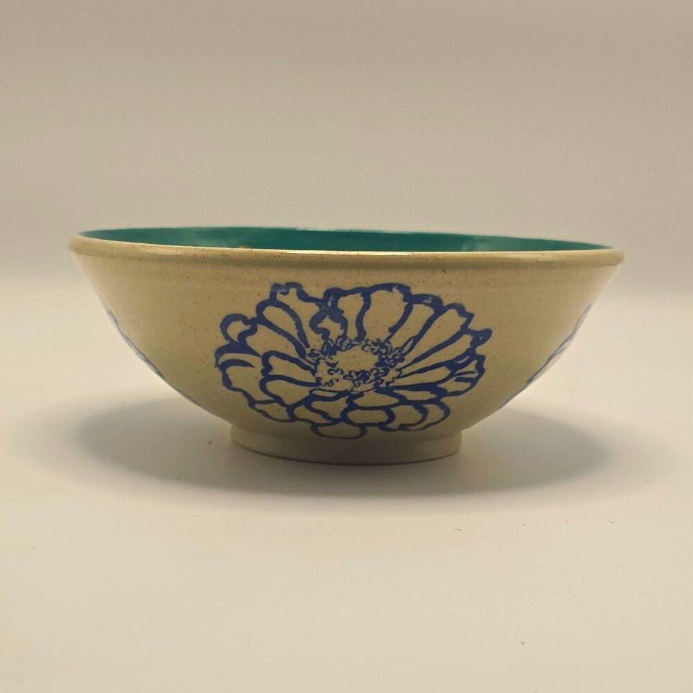 Handmade Studio Pottery Yarn Bowl Signed Timmy Turquoise Teal Blue Floral Cerami